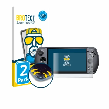 Parte frontal de un envase de producto con el logotipo de la marca BROTECT. Al lado se muestra el dispositivo GPD Win 5 con su