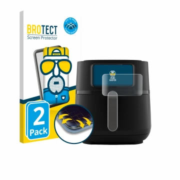 Parte frontal de un envase de producto con el logotipo de la marca BROTECT. Al lado se muestra el dispositivo Philips Airfryer