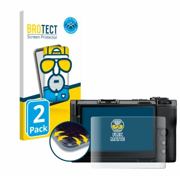 Parte frontal de un envase de producto con el logotipo de la marca BROTECT. Al lado se muestra el dispositivo Nikon ZR 2025 co