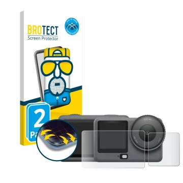 Parte frontal de un envase de producto con el logotipo de la marca BROTECT. Al lado se muestra el dispositivo DJI Osmo Action 