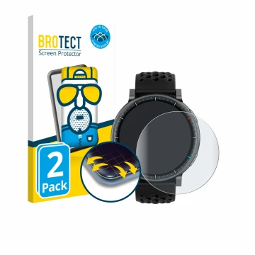 Parte frontal de un envase de producto con el logotipo de la marca BROTECT. Al lado se muestra el dispositivo Amazfit Active M