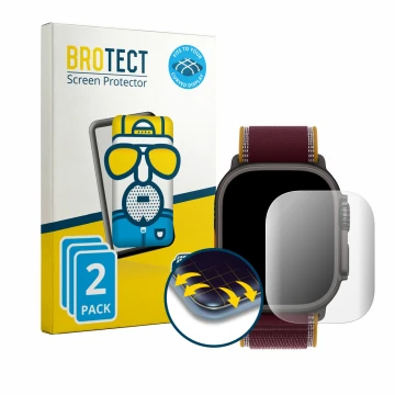 Parte frontal de un envase de producto con el logotipo de la marca BROTECT. Al lado se muestra el dispositivo Apple Watch Ultr