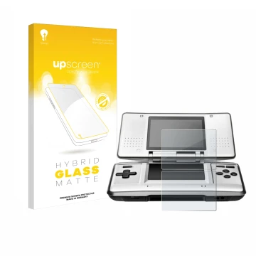 Parte frontal de un envase de producto con el logotipo de la marca upscreen. Al lado se muestra el dispositivo Nintendo DS con