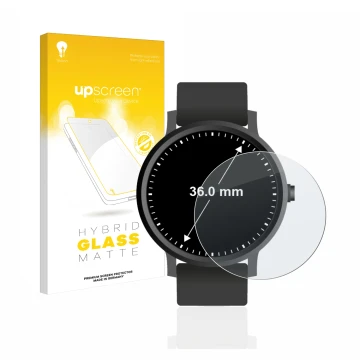 Parte frontal de un envase de producto con el logotipo de la marca upscreen. Al lado se muestra el dispositivo Relojes (Circul