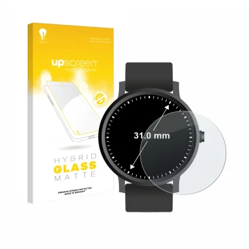 Parte frontal de un envase de producto con el logotipo de la marca upscreen. Al lado se muestra el dispositivo Relojes (circul