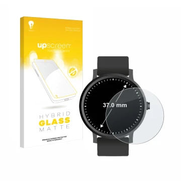Parte frontal de un envase de producto con el logotipo de la marca upscreen. Al lado se muestra el dispositivo Relojes (Circul