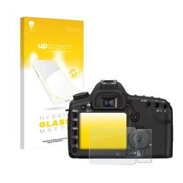 Parte frontal de un envase de producto con el logotipo de la marca upscreen. Al lado se muestra el dispositivo Canon EOS 5D Ma