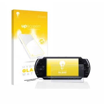 Parte frontal de un envase de producto con el logotipo de la marca upscreen. Al lado se muestra el dispositivo Sony PSP 3004 c