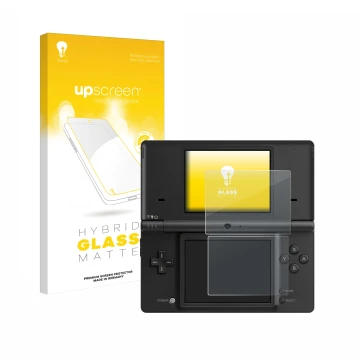 Parte frontal de un envase de producto con el logotipo de la marca upscreen. Al lado se muestra el dispositivo Nintendo DSi co
