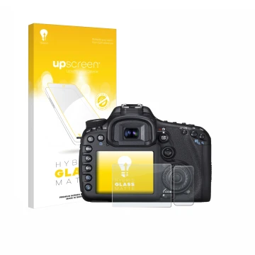 Parte frontal de un envase de producto con el logotipo de la marca upscreen. Al lado se muestra el dispositivo Canon EOS 7D co