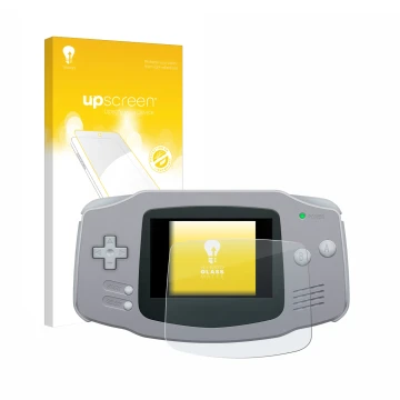 Parte frontal de un envase de producto con el logotipo de la marca upscreen. Al lado se muestra el dispositivo Nintendo Gamebo