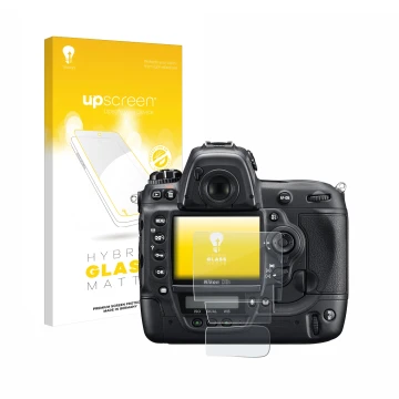 Parte frontal de un envase de producto con el logotipo de la marca upscreen. Al lado se muestra el dispositivo Nikon D3S con s