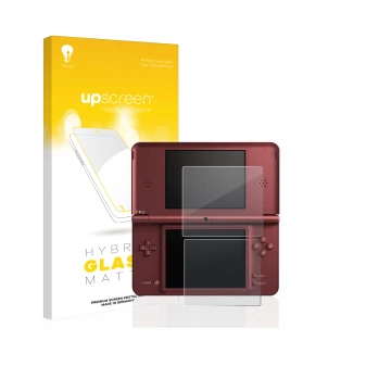 Parte frontal de un envase de producto con el logotipo de la marca upscreen. Al lado se muestra el dispositivo Nintendo DSi XL