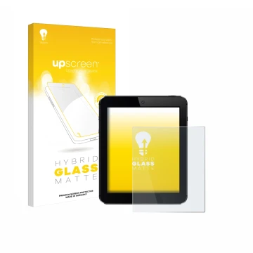 Parte frontal de un envase de producto con el logotipo de la marca upscreen. Al lado se muestra el dispositivo con su protecto