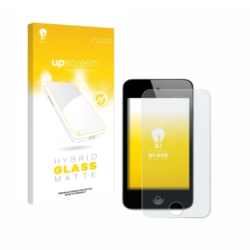 Parte frontal de un envase de producto con el logotipo de la marca upscreen. Al lado se muestra el dispositivo Apple iPod Touc