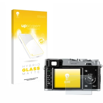Parte frontal de un envase de producto con el logotipo de la marca upscreen. Al lado se muestra el dispositivo Fujifilm FinePi