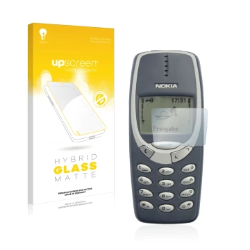 Parte frontal de un envase de producto con el logotipo de la marca upscreen. Al lado se muestra el dispositivo Nokia 3310 2011