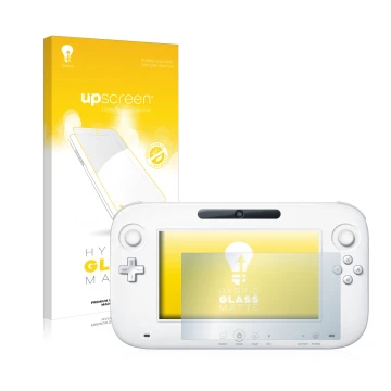 Parte frontal de un envase de producto con el logotipo de la marca upscreen. Al lado se muestra el dispositivo Nintendo Wii U 