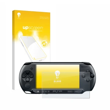 Parte frontal de un envase de producto con el logotipo de la marca upscreen. Al lado se muestra el dispositivo Sony PSP Street