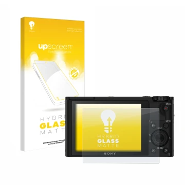 Parte frontal de un envase de producto con el logotipo de la marca upscreen. Al lado se muestra el dispositivo Sony Cyber-Shot