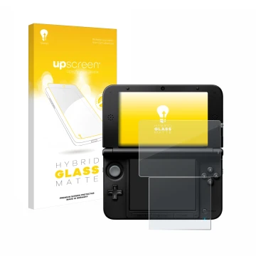 Parte frontal de un envase de producto con el logotipo de la marca upscreen. Al lado se muestra el dispositivo Nintendo 3DS XL