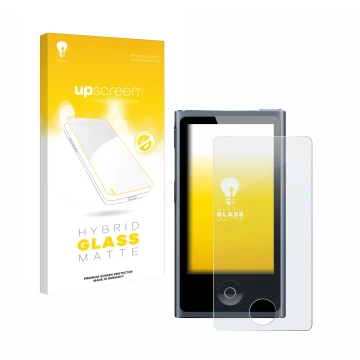 Parte frontal de un envase de producto con el logotipo de la marca upscreen. Al lado se muestra el dispositivo Apple iPod nano