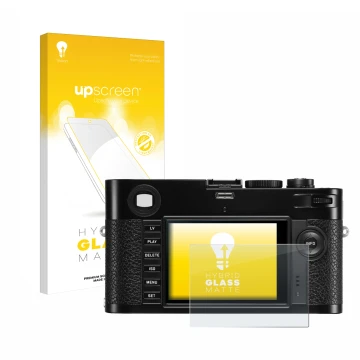 Parte frontal de un envase de producto con el logotipo de la marca upscreen. Al lado se muestra el dispositivo Leica M (Typ 24