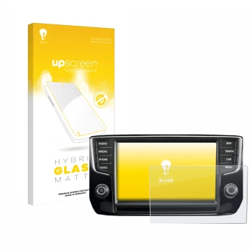 Parte frontal de un envase de producto con el logotipo de la marca upscreen. Al lado se muestra el dispositivo Volkswagen Pass