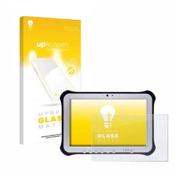 Parte frontal de un envase de producto con el logotipo de la marca upscreen. Al lado se muestra el dispositivo Panasonic Tough