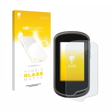 Parte frontal de un envase de producto con el logotipo de la marca upscreen. Al lado se muestra el dispositivo Garmin Oregon 6