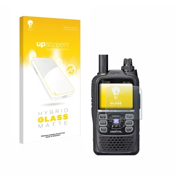 Parte frontal de un envase de producto con el logotipo de la marca upscreen. Al lado se muestra el dispositivo Icom ID-51 con 