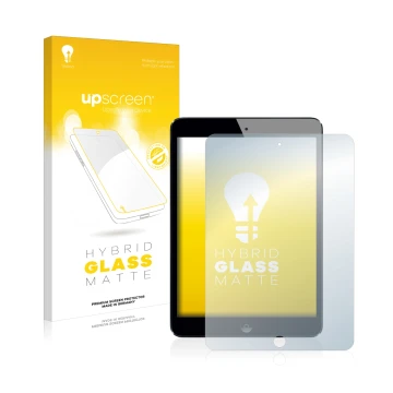 Parte frontal de un envase de producto con el logotipo de la marca upscreen. Al lado se muestra el dispositivo Apple iPad Mini