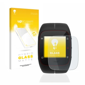 Parte frontal de un envase de producto con el logotipo de la marca upscreen. Al lado se muestra el dispositivo Polar M400 con 