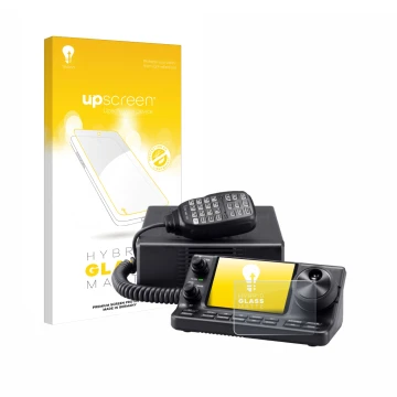 Parte frontal de un envase de producto con el logotipo de la marca upscreen. Al lado se muestra el dispositivo Icom IC-7100 co