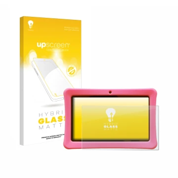 Parte frontal de un envase de producto con el logotipo de la marca upscreen. Al lado se muestra el dispositivo Contixo Kids 7