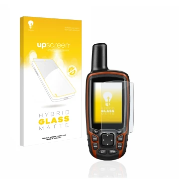 Parte frontal de un envase de producto con el logotipo de la marca upscreen. Al lado se muestra el dispositivo Garmin GPSMAP 6