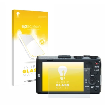 Parte frontal de un envase de producto con el logotipo de la marca upscreen. Al lado se muestra el dispositivo Sony Cyber-Shot