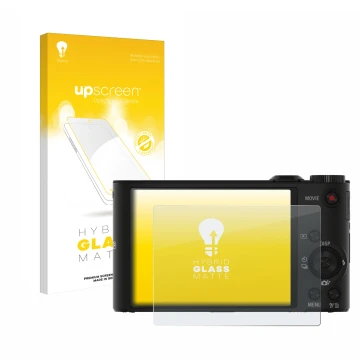 Parte frontal de un envase de producto con el logotipo de la marca upscreen. Al lado se muestra el dispositivo Sony Cyber-Shot