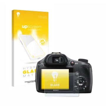 Parte frontal de un envase de producto con el logotipo de la marca upscreen. Al lado se muestra el dispositivo Sony Cyber-Shot