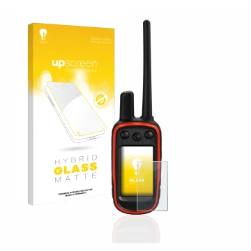 Parte frontal de un envase de producto con el logotipo de la marca upscreen. Al lado se muestra el dispositivo Garmin Alpha 10