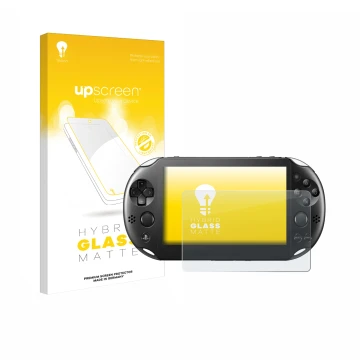 Parte frontal de un envase de producto con el logotipo de la marca upscreen. Al lado se muestra el dispositivo Sony Playstatio