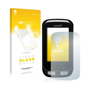 Parte frontal de un envase de producto con el logotipo de la marca upscreen. Al lado se muestra el dispositivo Garmin Edge 100