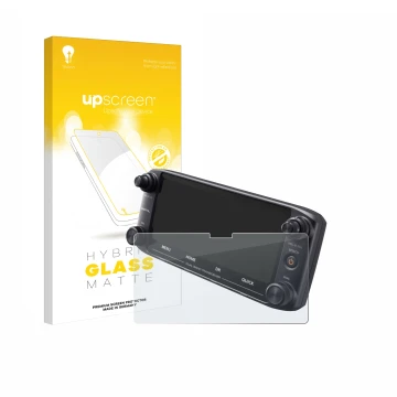 Parte frontal de un envase de producto con el logotipo de la marca upscreen. Al lado se muestra el dispositivo Icom ID-5100 co