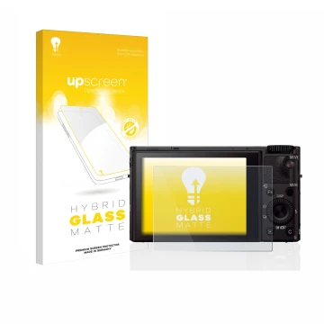 Parte frontal de un envase de producto con el logotipo de la marca upscreen. Al lado se muestra el dispositivo Sony Cyber-Shot