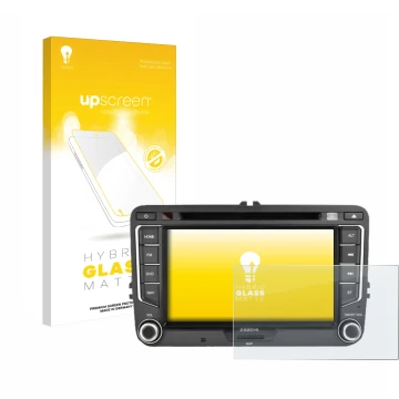 Parte frontal de un envase de producto con el logotipo de la marca upscreen. Al lado se muestra el dispositivo Zenec E>Go 7