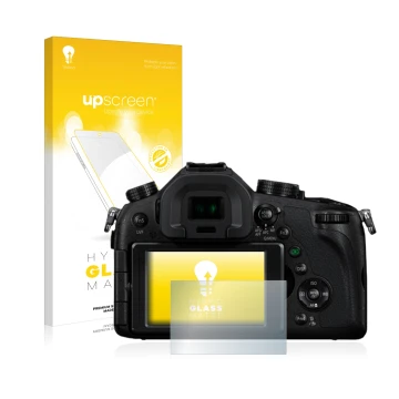 Parte frontal de un envase de producto con el logotipo de la marca upscreen. Al lado se muestra el dispositivo Panasonic Lumix