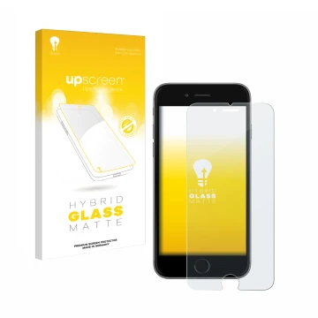 Parte frontal de un envase de producto con el logotipo de la marca upscreen. Al lado se muestra el dispositivo Apple iPhone 6 