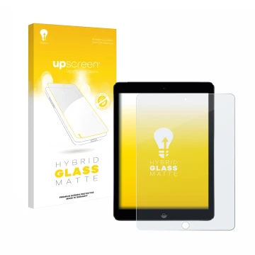 Parte frontal de un envase de producto con el logotipo de la marca upscreen. Al lado se muestra el dispositivo Apple iPad Air 