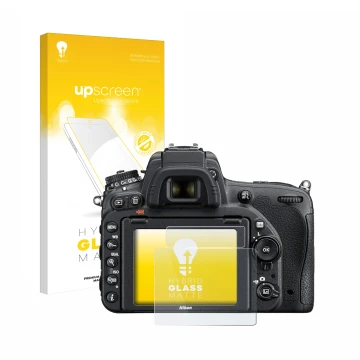 Parte frontal de un envase de producto con el logotipo de la marca upscreen. Al lado se muestra el dispositivo Nikon D750 con 