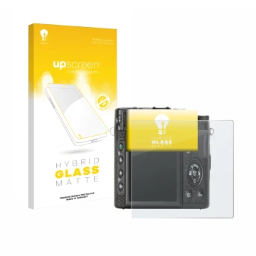 Parte frontal de un envase de producto con el logotipo de la marca upscreen. Al lado se muestra el dispositivo Fujifilm X10 co